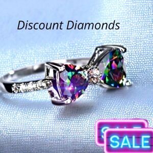 Rainbow Mystic Topaz & White Baguette Diamond Bow-Tie Cocktail Ring 925 Silver